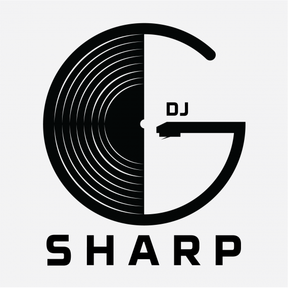 Logo black on grey background that reads DJ G Sharp