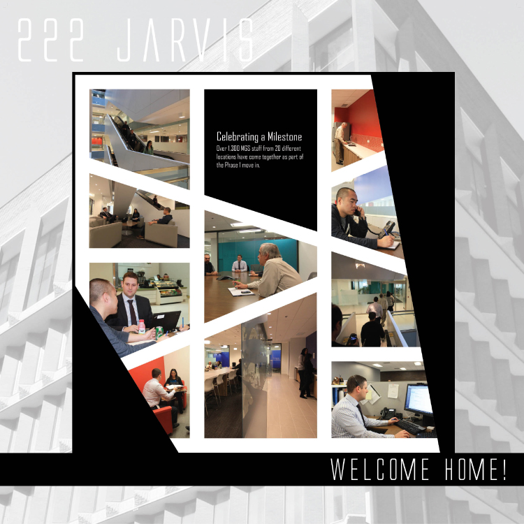 Poster for 222 Jarvis Welcome Home! Pictures showing employees interacting with each other in the building