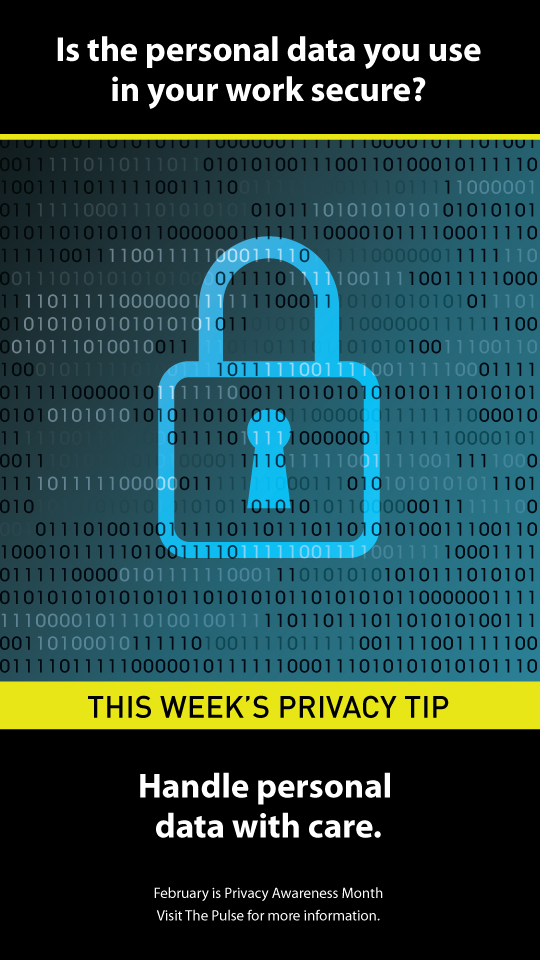 Image of zeros and ones over laid on top of a lock. Is the personal data you use in your work secure? Handle personal data with care.. February is Privacy Awareness Month. Visit The Pulse for more information.
