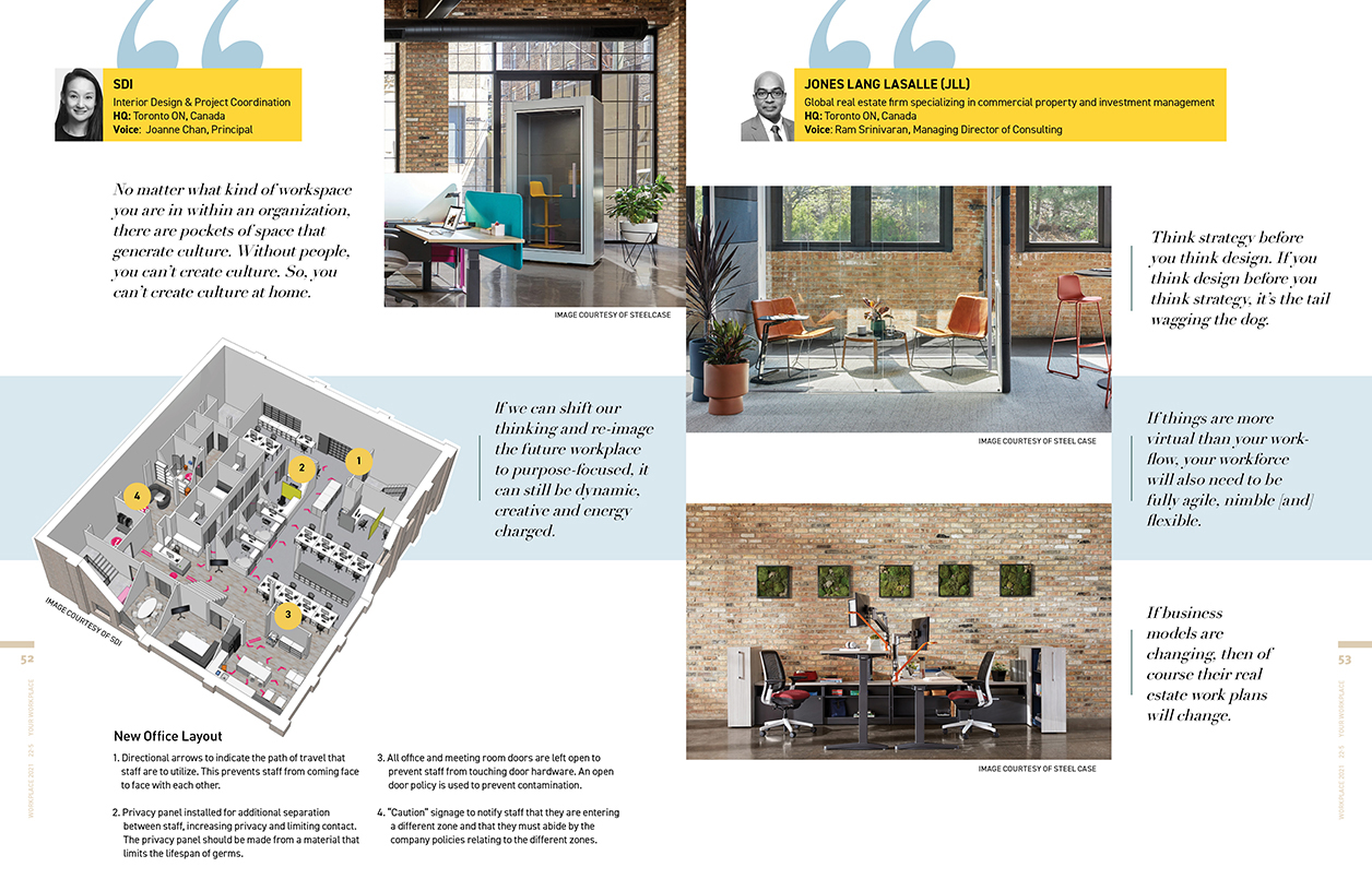 Double-page spread of magazine, to the left shows an image of a private booth within an office space to the lower middle there is a 3-D rendering of an office space