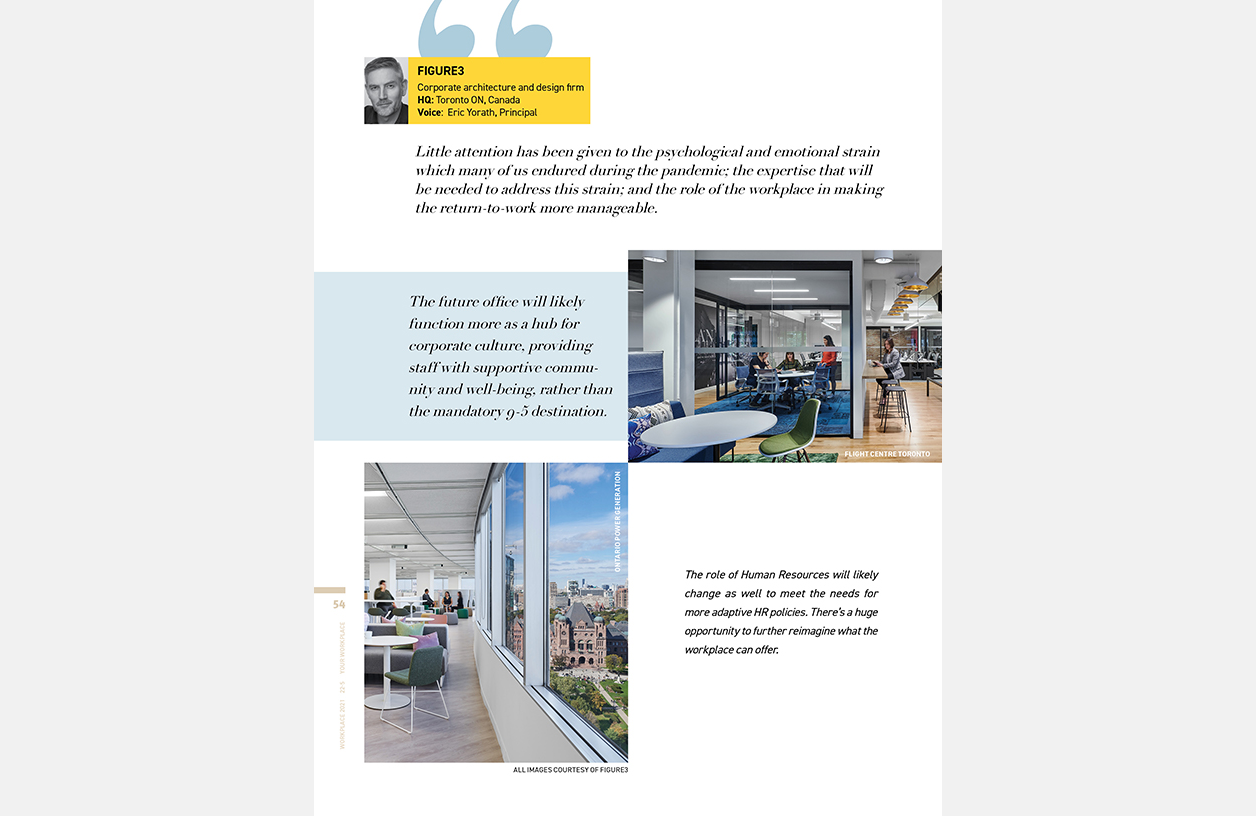 last page of spread with quotes and two images showing progressive office designs being used in todays pandemic