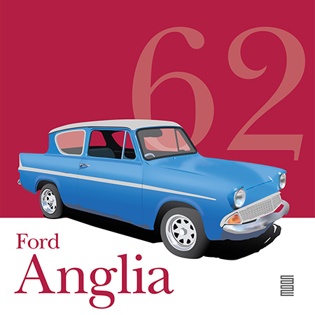 Picture of light blue car called Ford Anglia with 62 behind the car over red