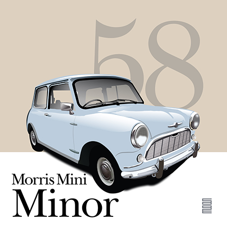 Picture of green car called Morris Mini Minor with 58 behind the car over light beige background