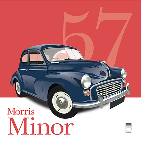 Picture of light blue car called Morris Minor with 57 behind the car over pink