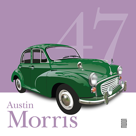Picture of green car called Austin Morris with 47 behind the car over light violet background
