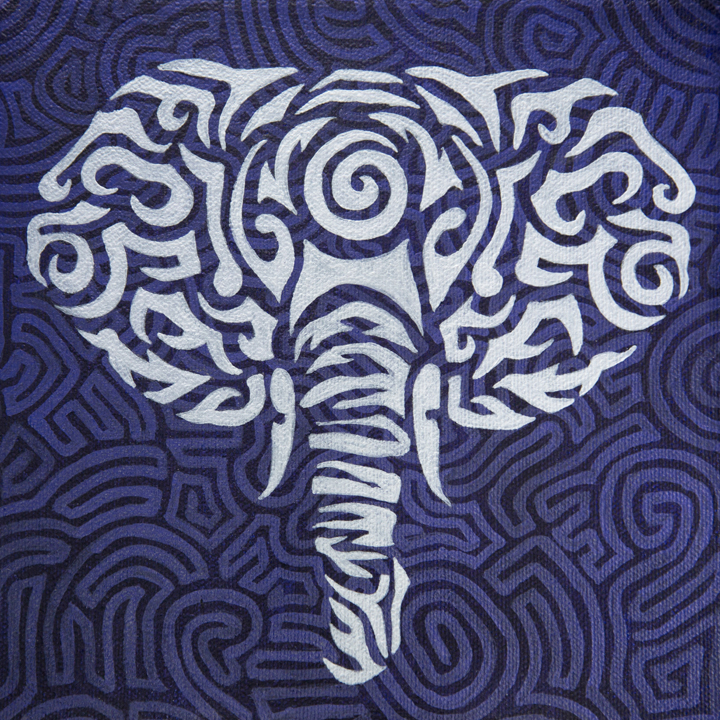Painting of elephant in tribal style in white over a purple background