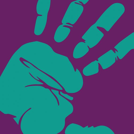 image of illustrated teal hand on purple background