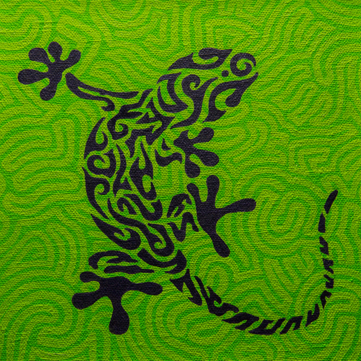 Painting of gecko in tribal style in purple over a green background