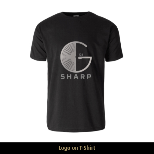 DJ G Sharp Logo in silver on black t-shirt