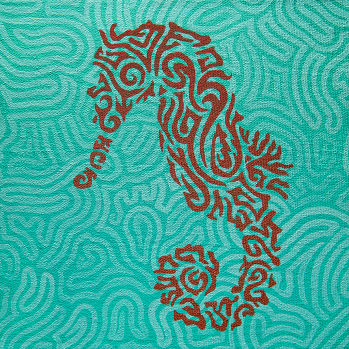 Painting of seahorse in tribal style in red over a teal background