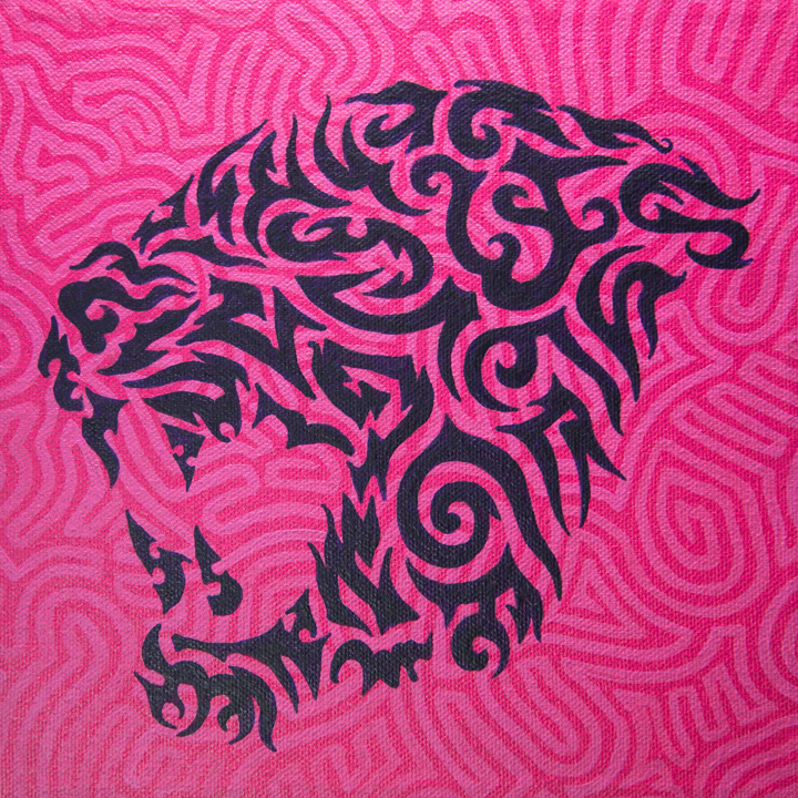 Painting of tiger in tribal style in purple over a pink background