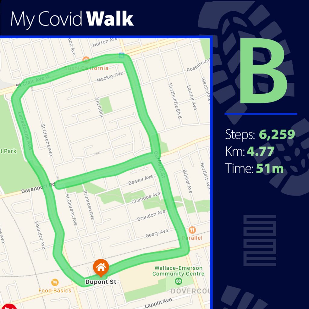 My Covid Walk showing a google map route in the letter b