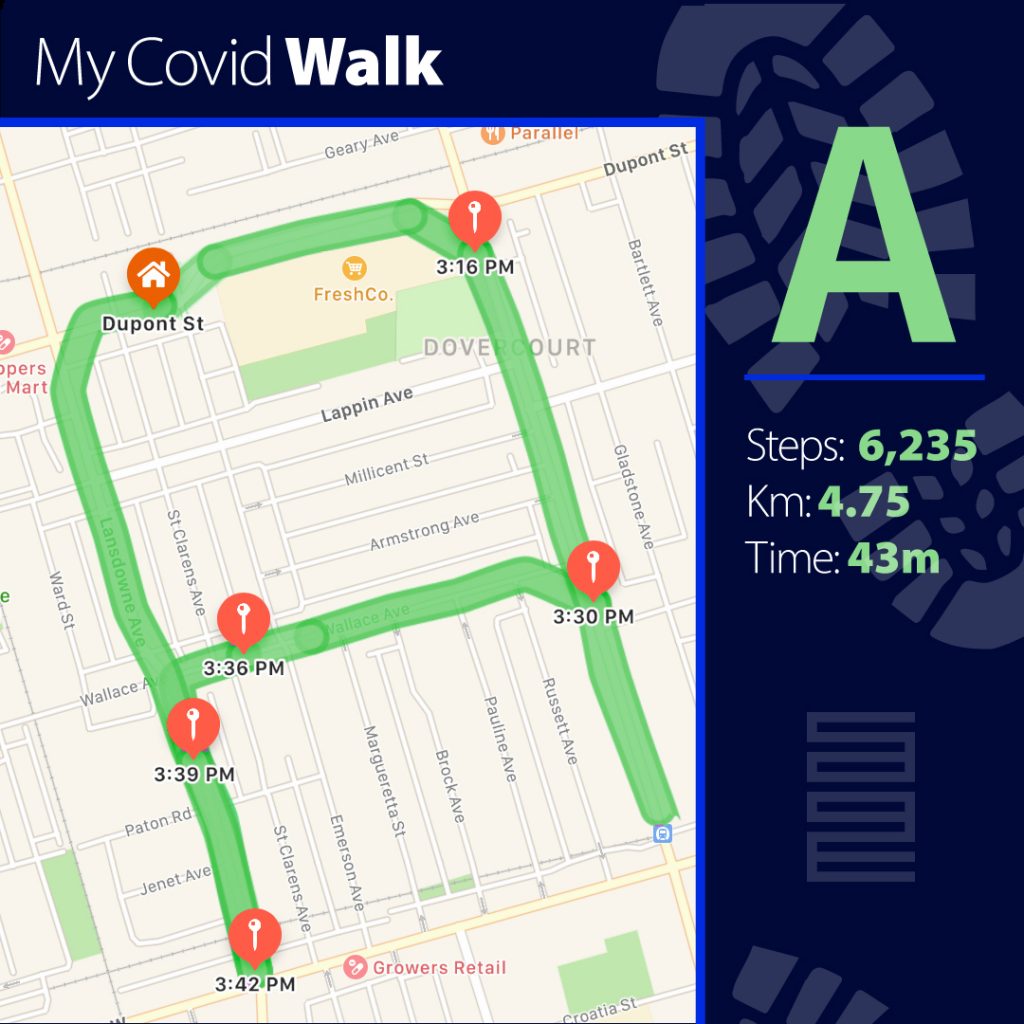 My Covid Walk showing a google map route in the letter a