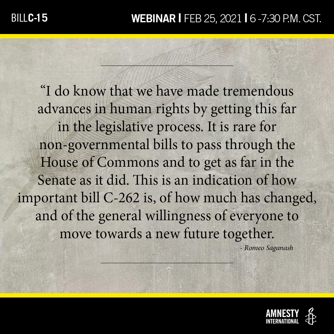 Quote, I do know that we have made tremendous advances in human rights by getting this far in the legislative process. It is rare for non-governmental bills to pass through the House of Commons and to get as far in the Senate as it did. This is an indication of how important bill C-262 is, of how much has changed, and of the general willingness of everyone to move towards a new future together. - Romeo Saganash