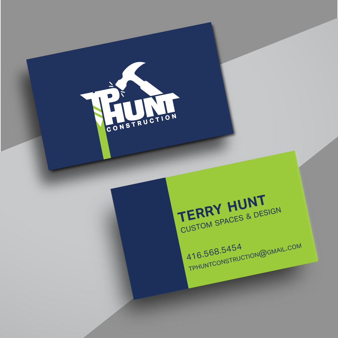 Logo: TP Hunt Construction on front and back of business card